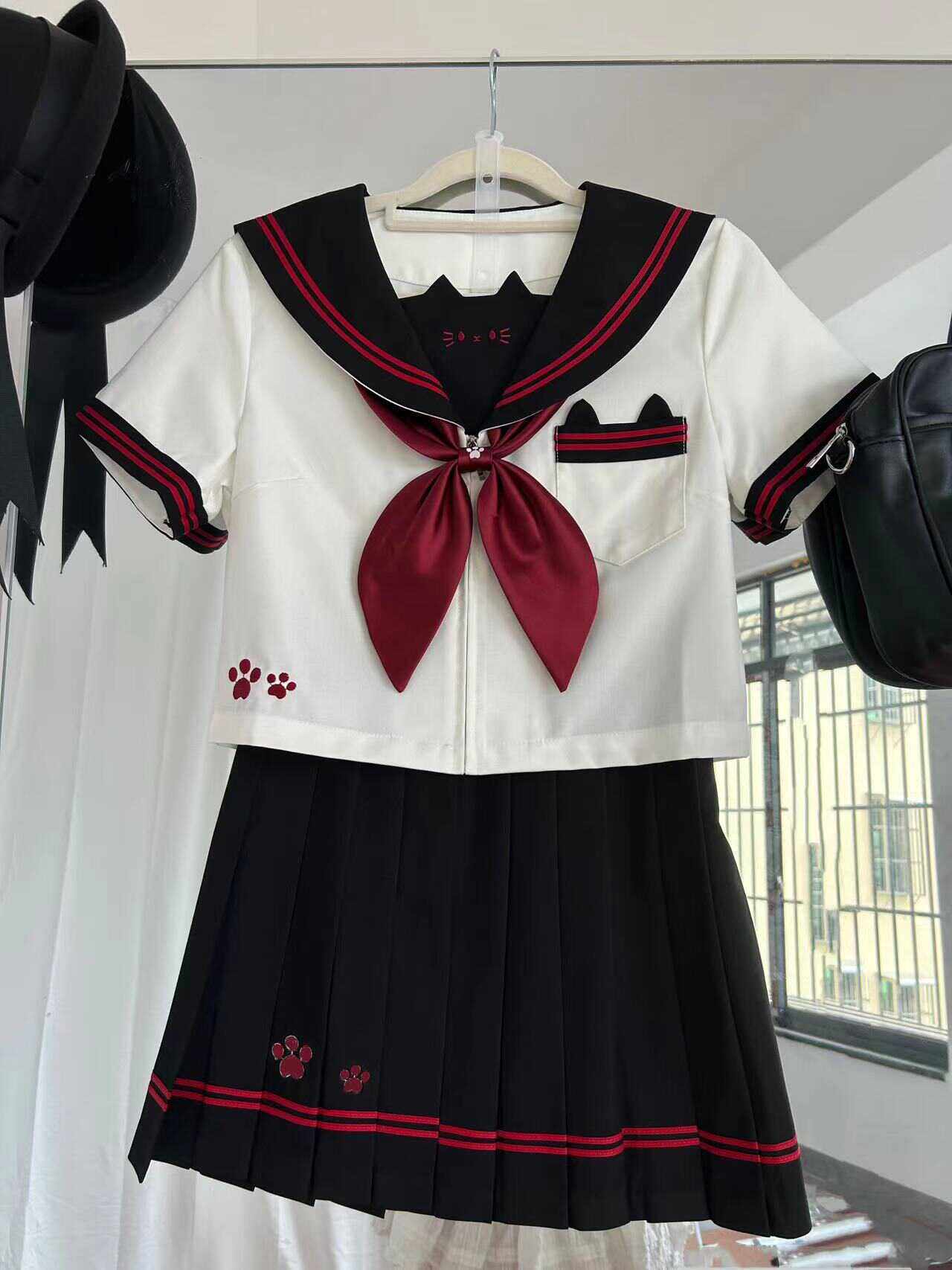 女装 猫耳刺繍入り本格派女装セーラー服上下セット