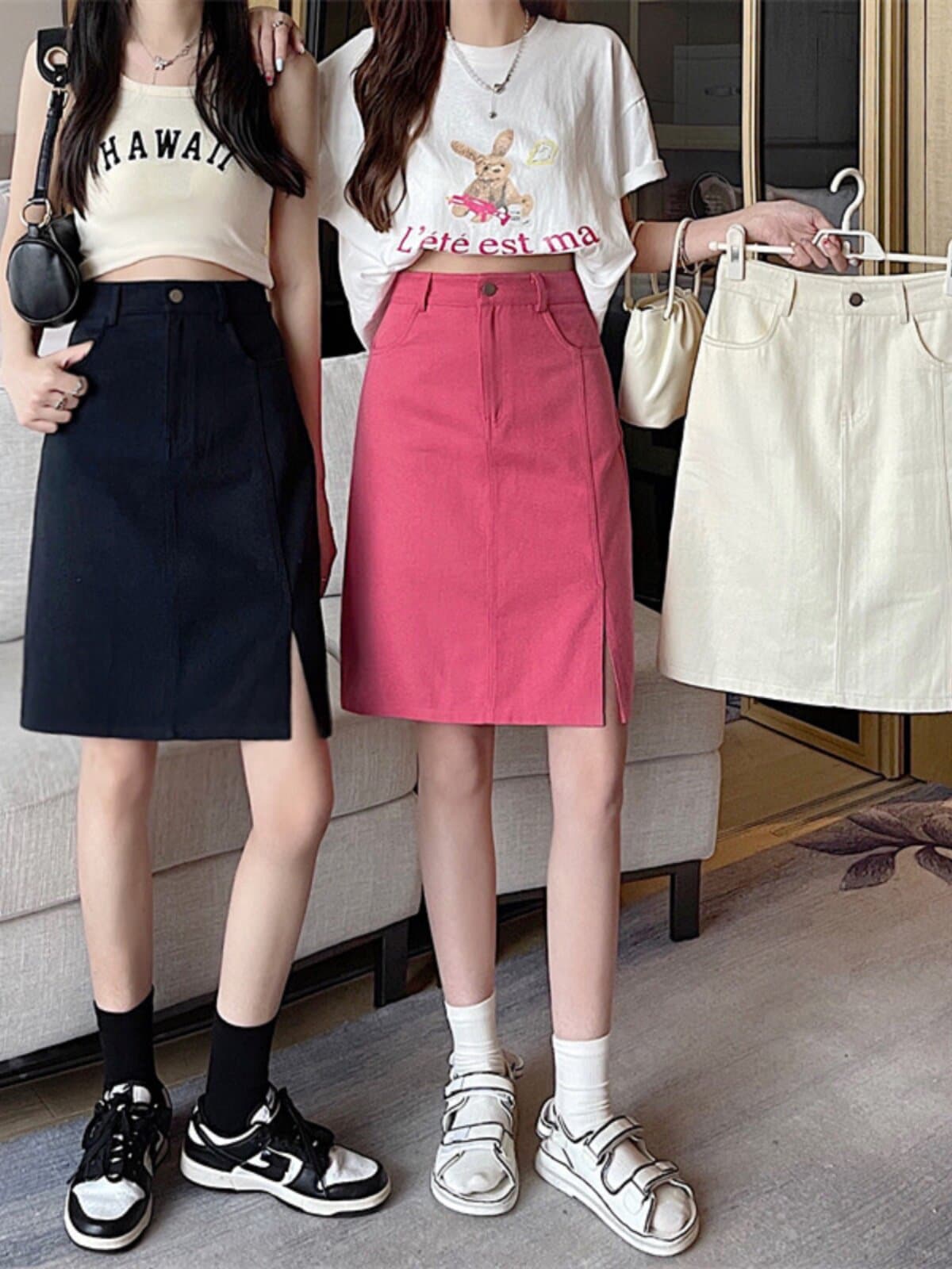 女装 サイドスリット入りデニム風台形スカート