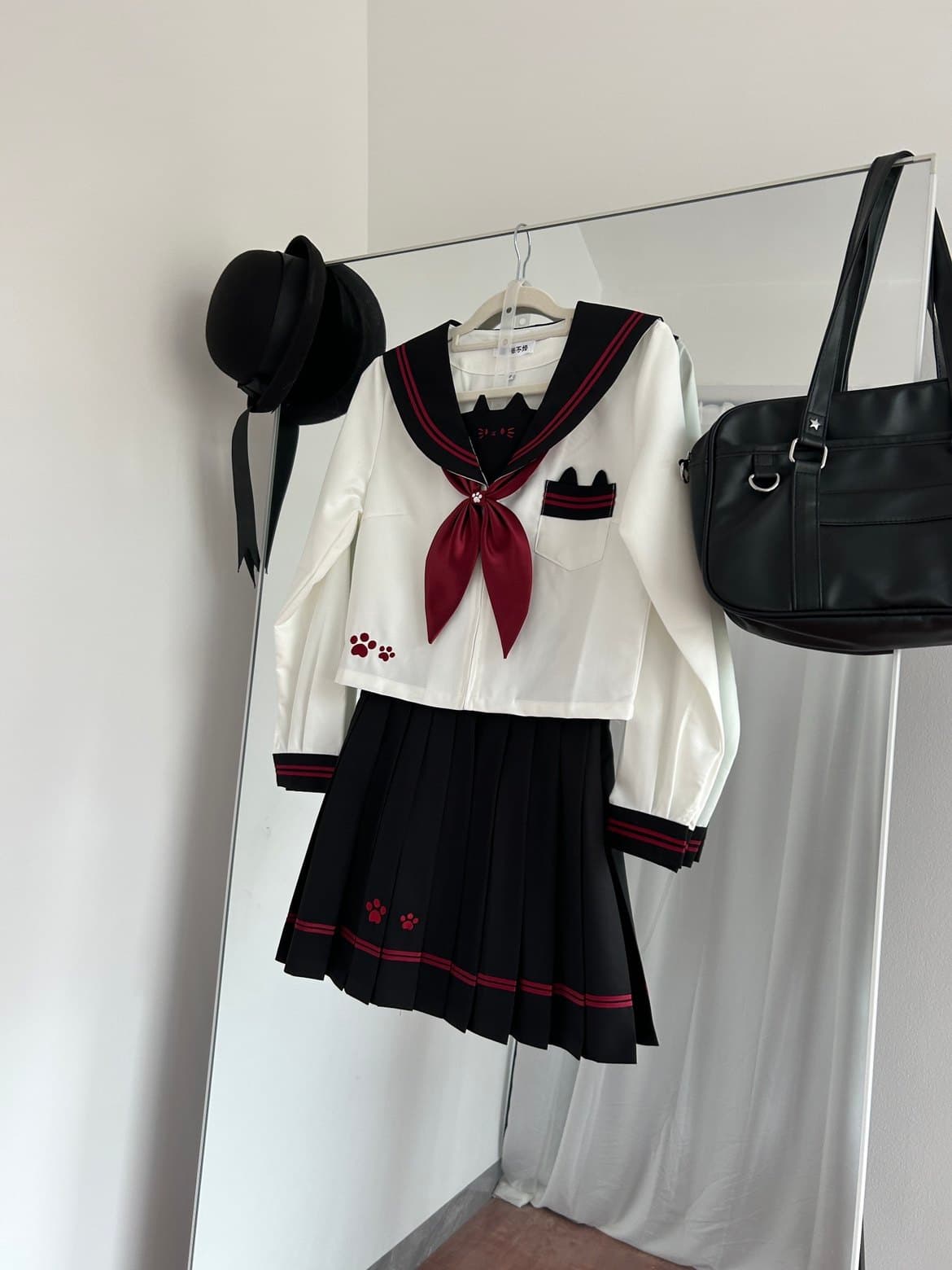 女装 猫耳刺繍入り本格派女装セーラー服上下セット