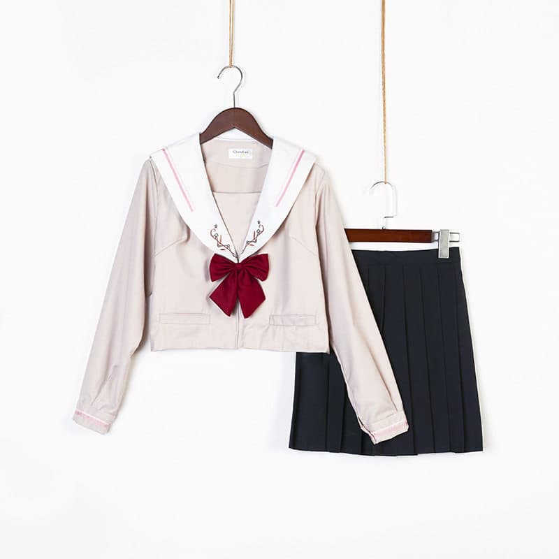 女装 清楚系刺繍入り襟リボン付きセーラー服上下セット