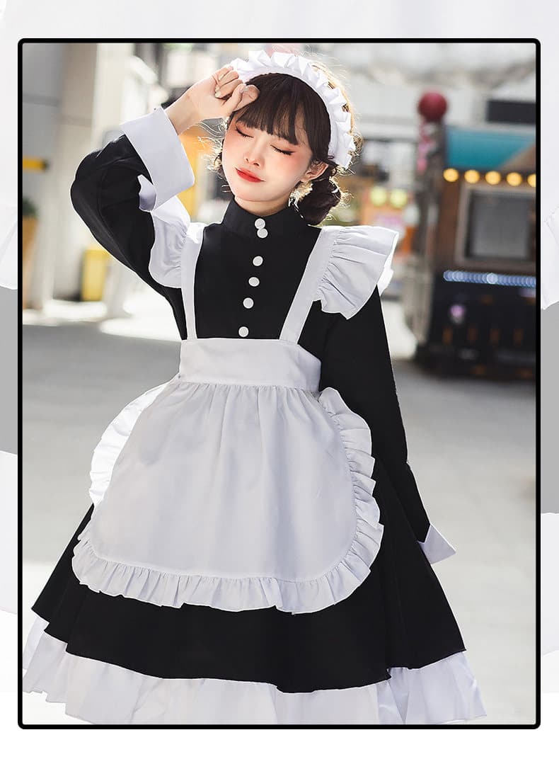 女装 長袖クラシックメイド服フリル付きエプロンセット