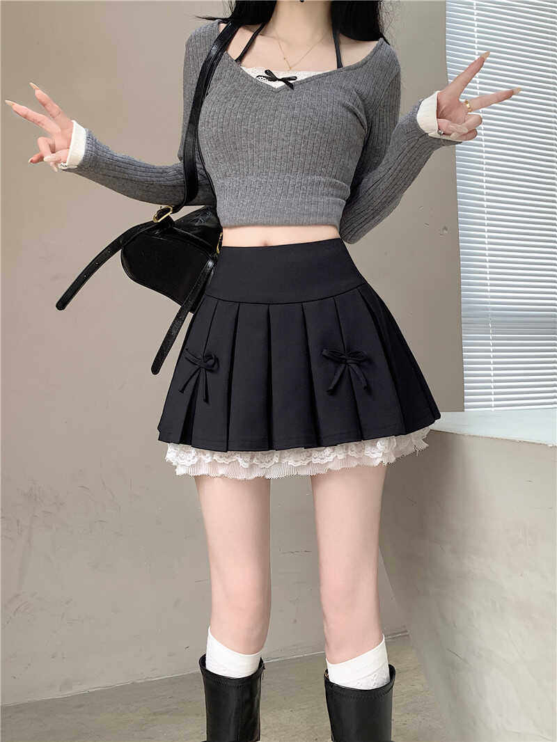 女装 リボン付きプリーツミニスカート裾レース重ね