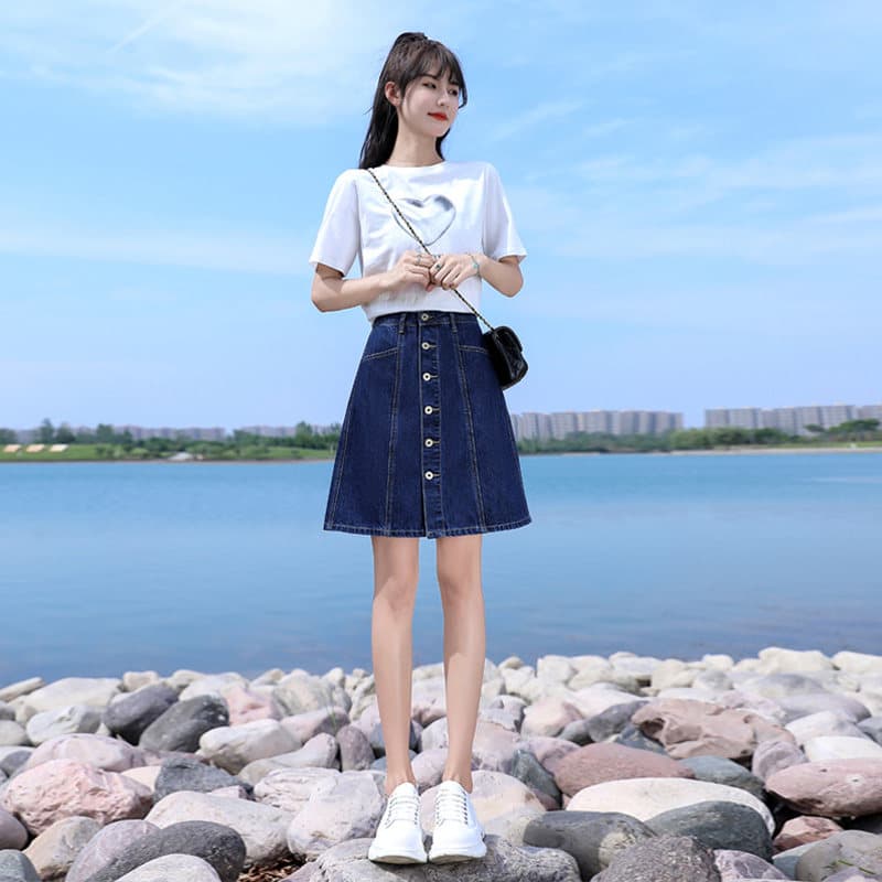 女装 フロントボタンデニム台形ミニスカート
