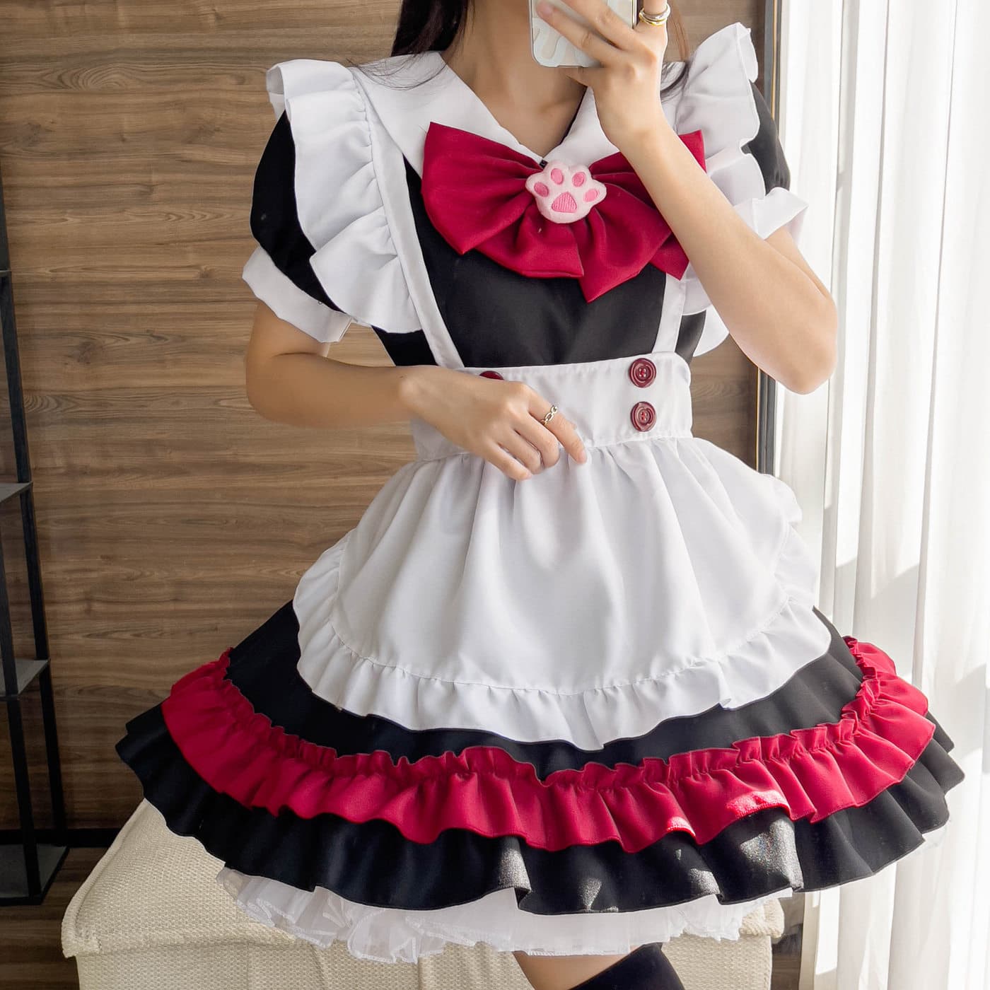 女装 豪華多段フリル付き女装メイド衣装セット