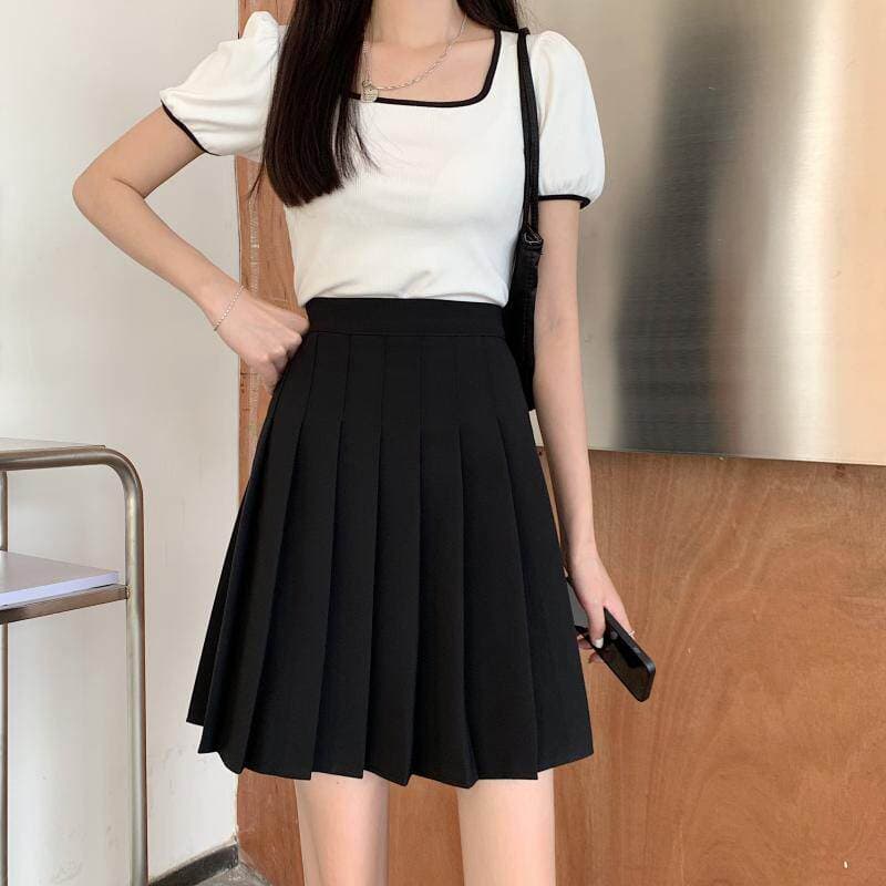 女装 シンプル無地プリーツスカート学生風デザイン
