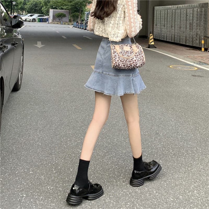 女装 デニム素材ハイウエストフリルミニスカート