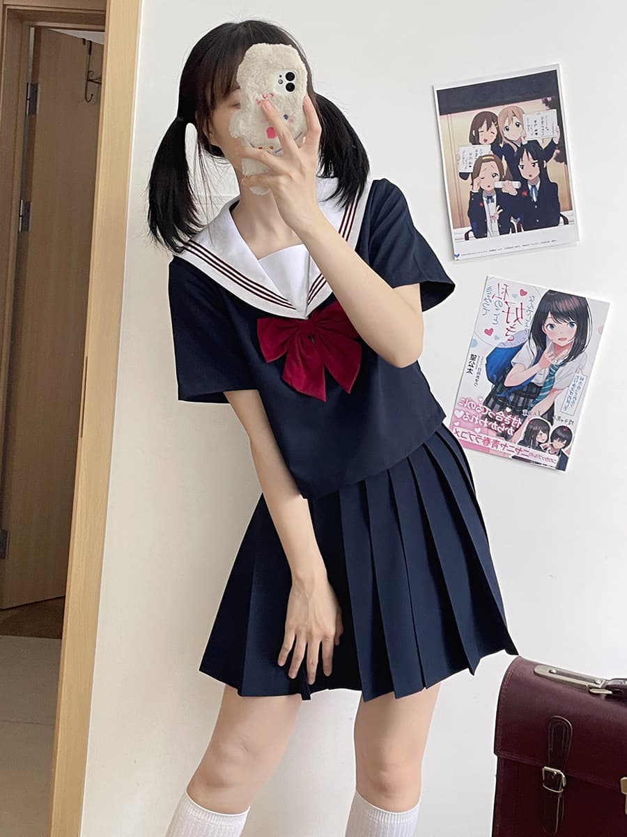 女装 正統派三本線襟リボン付きセーラー服上下セット
