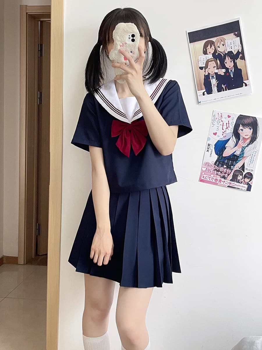 女装 正統派三本線襟リボン付きセーラー服上下セット