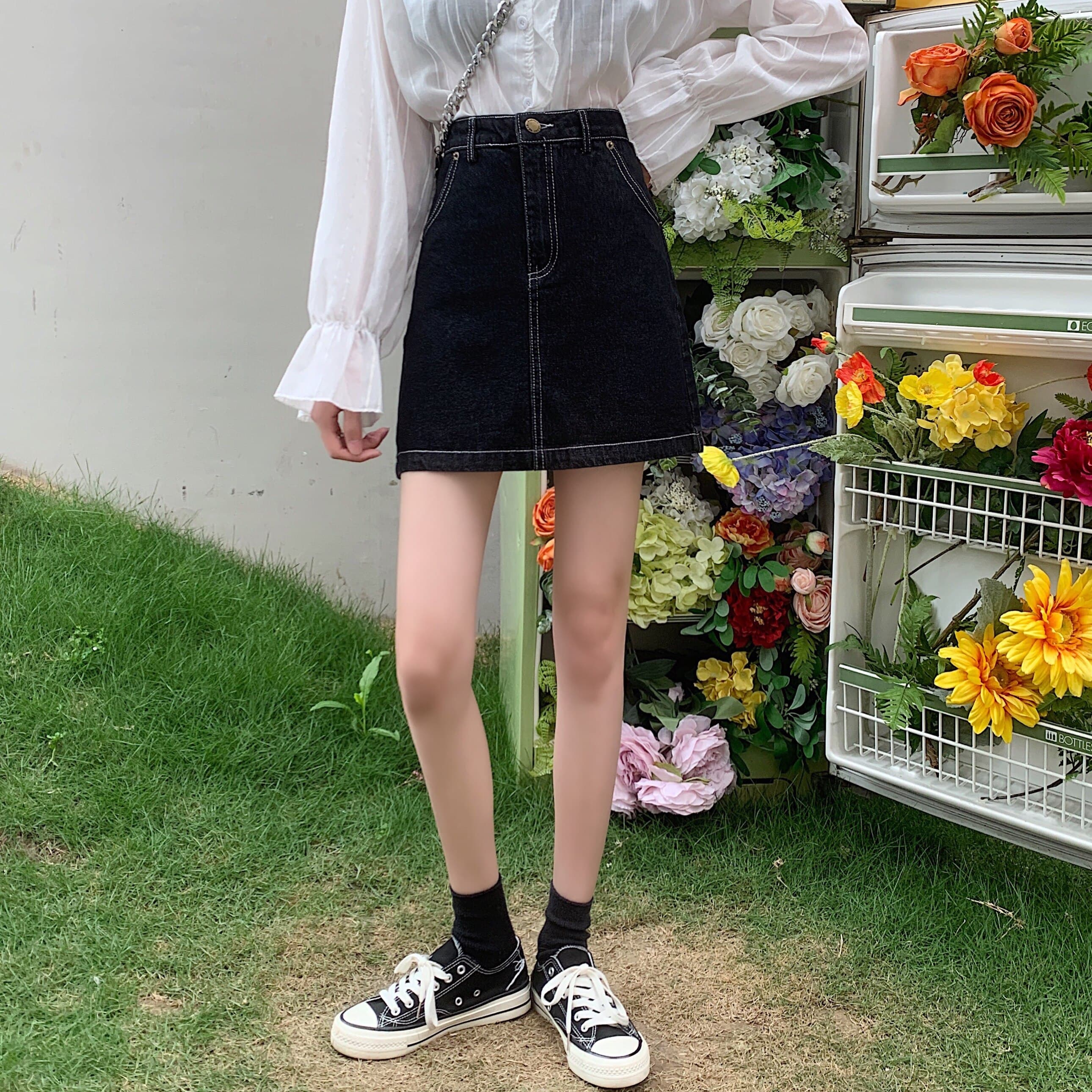 女装 ハイウエストデニム台形ミニスカート