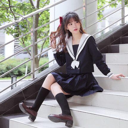 女装 大きな襟リボン付き長袖プリーツセーラー服