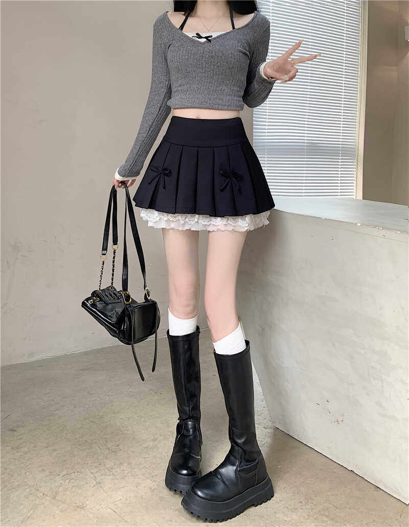 女装 リボン付きプリーツミニスカート裾レース重ね