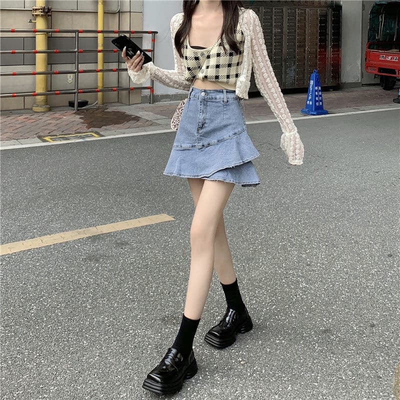 女装 デニム素材ハイウエストフリルミニスカート