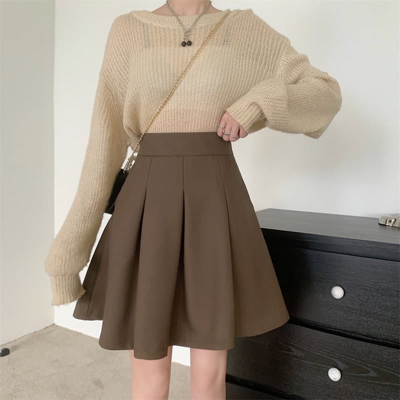 女装 ハイウエストボックスプリーツフレアスカート