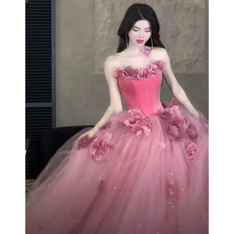 女装 立体花装飾ベアトップボリュームチュールドレス