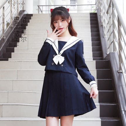 女装 大きな襟リボン付き長袖プリーツセーラー服