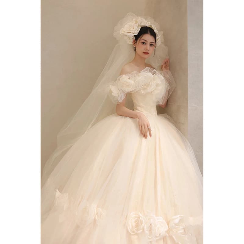 女装 立体花飾りオフショルダープリンセスドレス