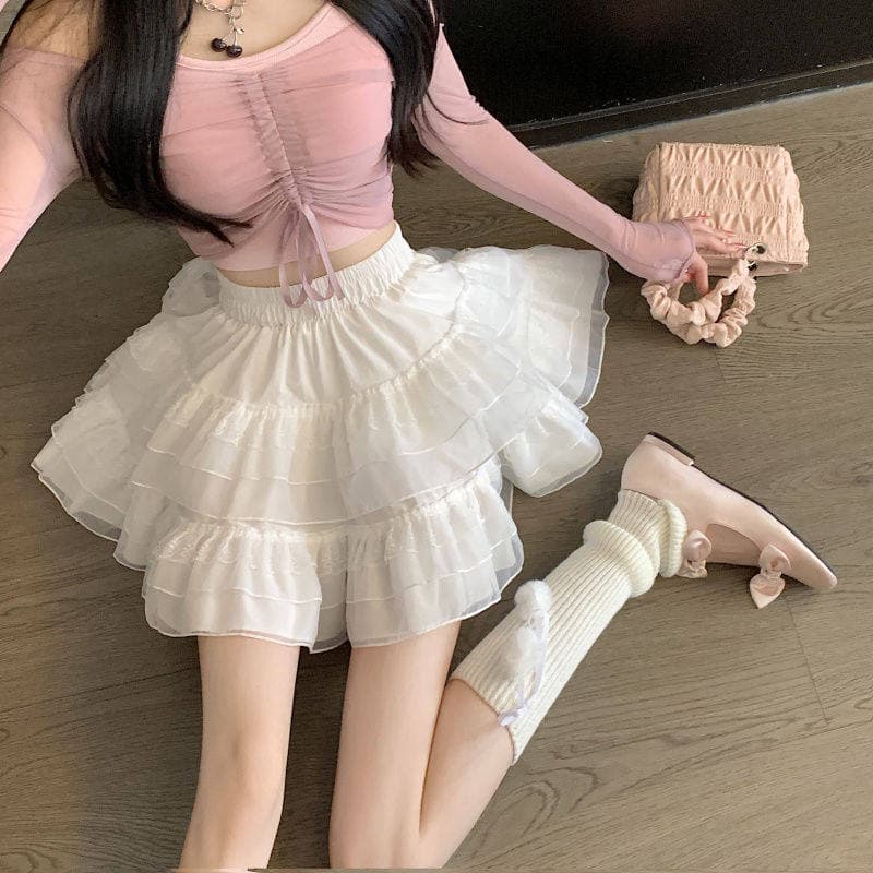 女装 ふんわり三段フリル付きミニ丈ティアードスカート