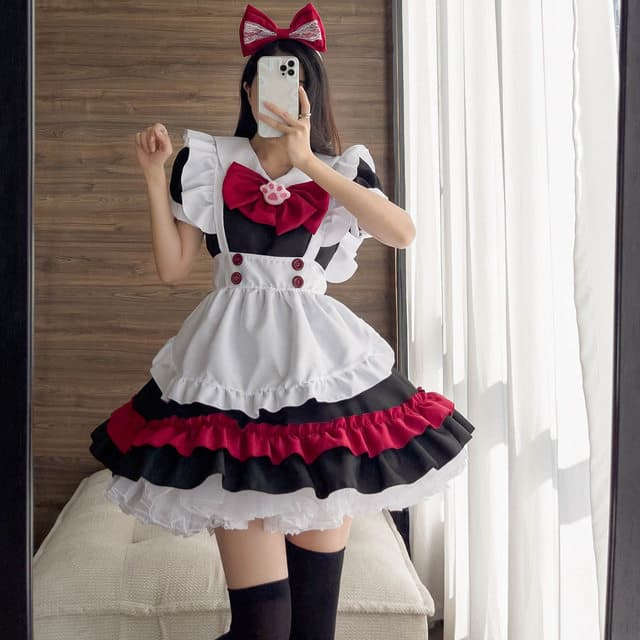 女装 豪華多段フリル付き女装メイド衣装セット