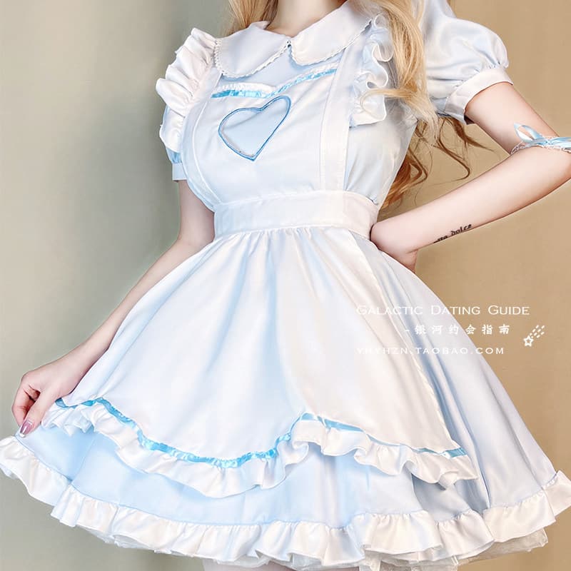 女装 ハート刺繍付き襟フリル半袖メイドワンピース
