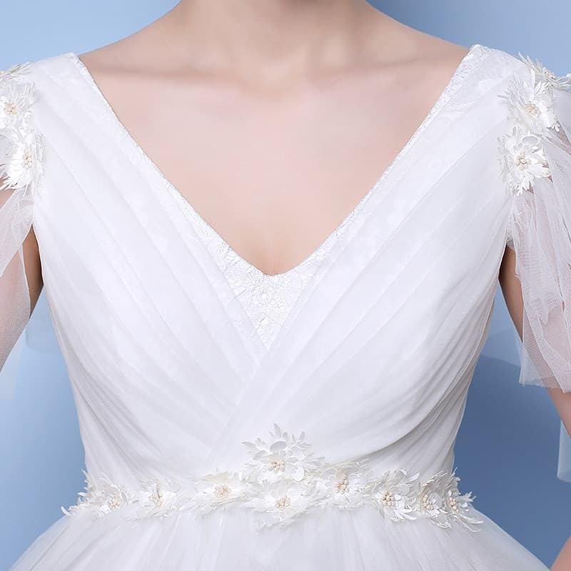 女装 花飾り付きチュール袖Vネックプリンセスドレス