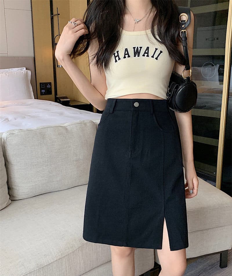 女装 サイドスリット入りデニム風台形スカート