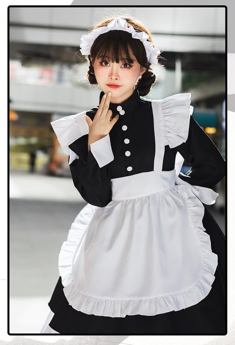 女装 長袖クラシックメイド服フリル付きエプロンセット