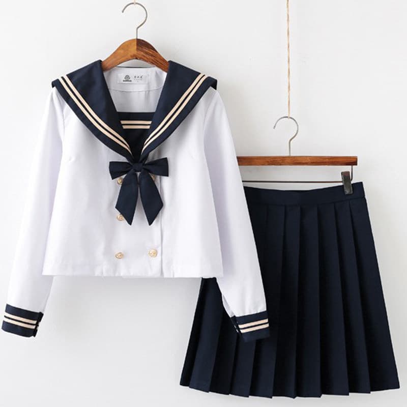 女装 清楚系三本ライン襟リボン付きセーラー服上下セット