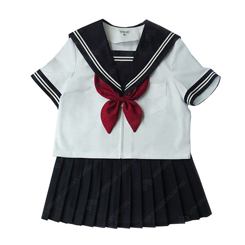 女装 清楚系本格派襟リボン付き半袖セーラー服上下セット