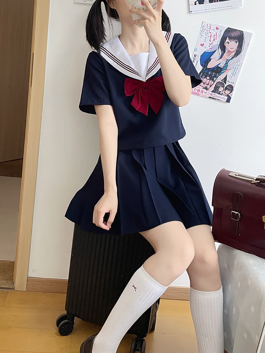 女装 正統派三本線襟リボン付きセーラー服上下セット