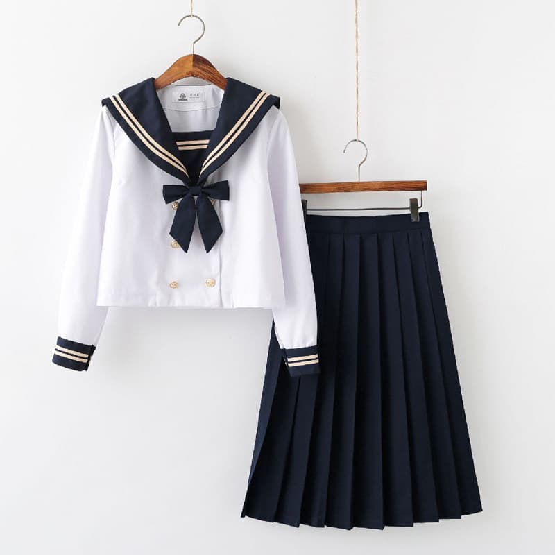 女装 清楚系三本ライン襟リボン付きセーラー服上下セット