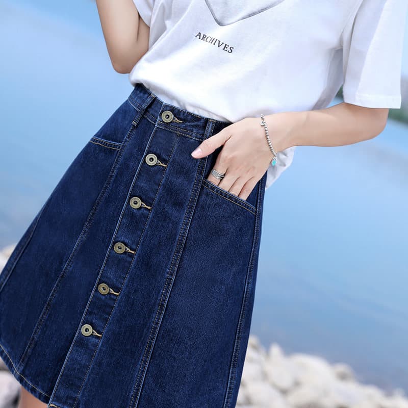 女装 フロントボタンデニム台形ミニスカート