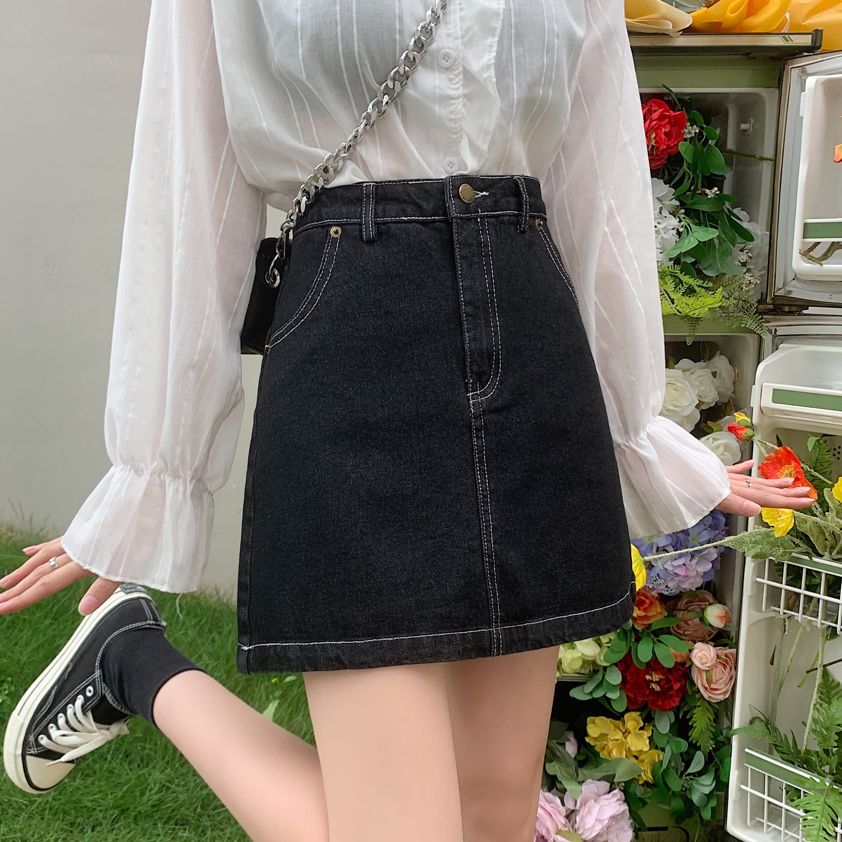女装 ハイウエストデニム台形ミニスカート