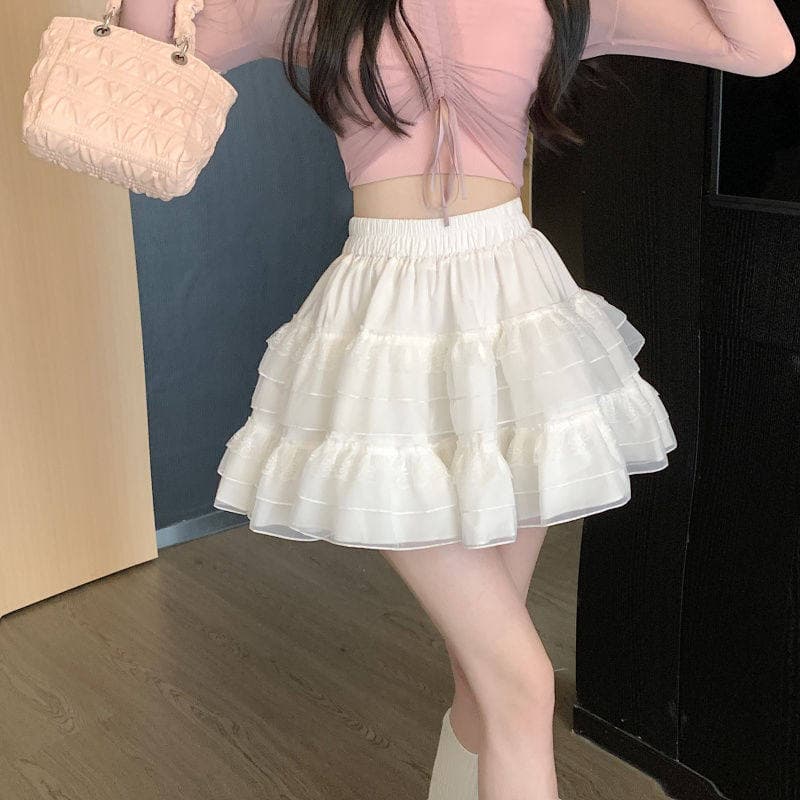 女装 ふんわり三段フリル付きミニ丈ティアードスカート