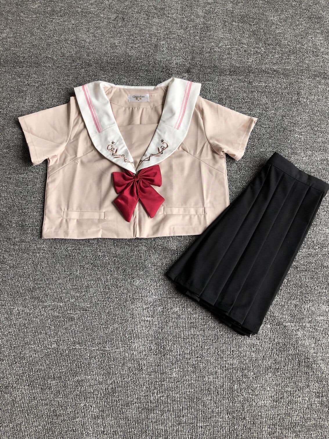 女装 清楚系刺繍入り襟リボン付きセーラー服上下セット