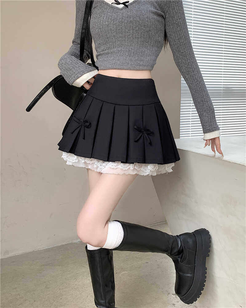 女装 リボン付きプリーツミニスカート裾レース重ね