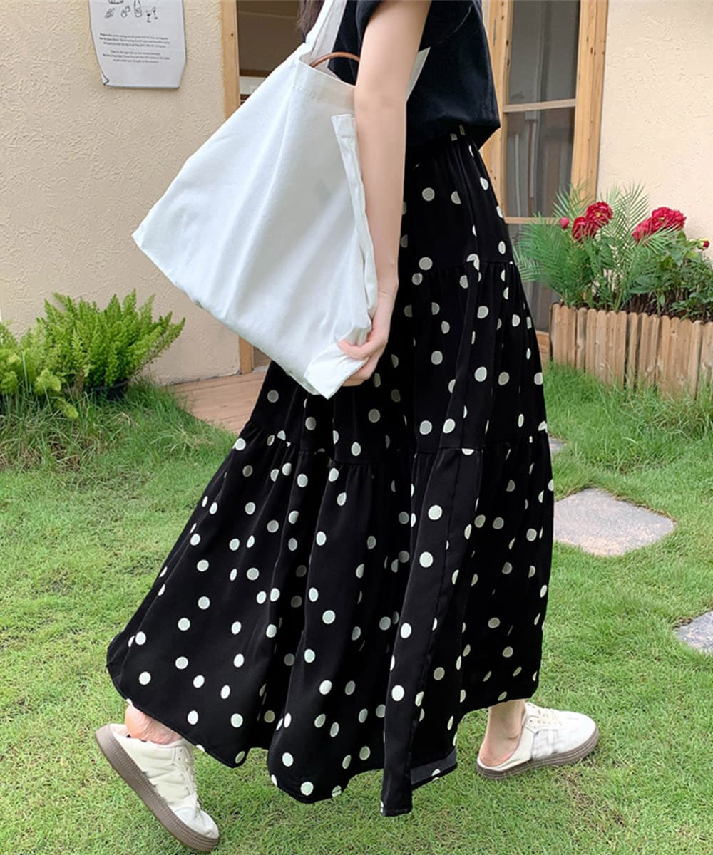 女装 水玉ドット柄ティアードフレアスカート