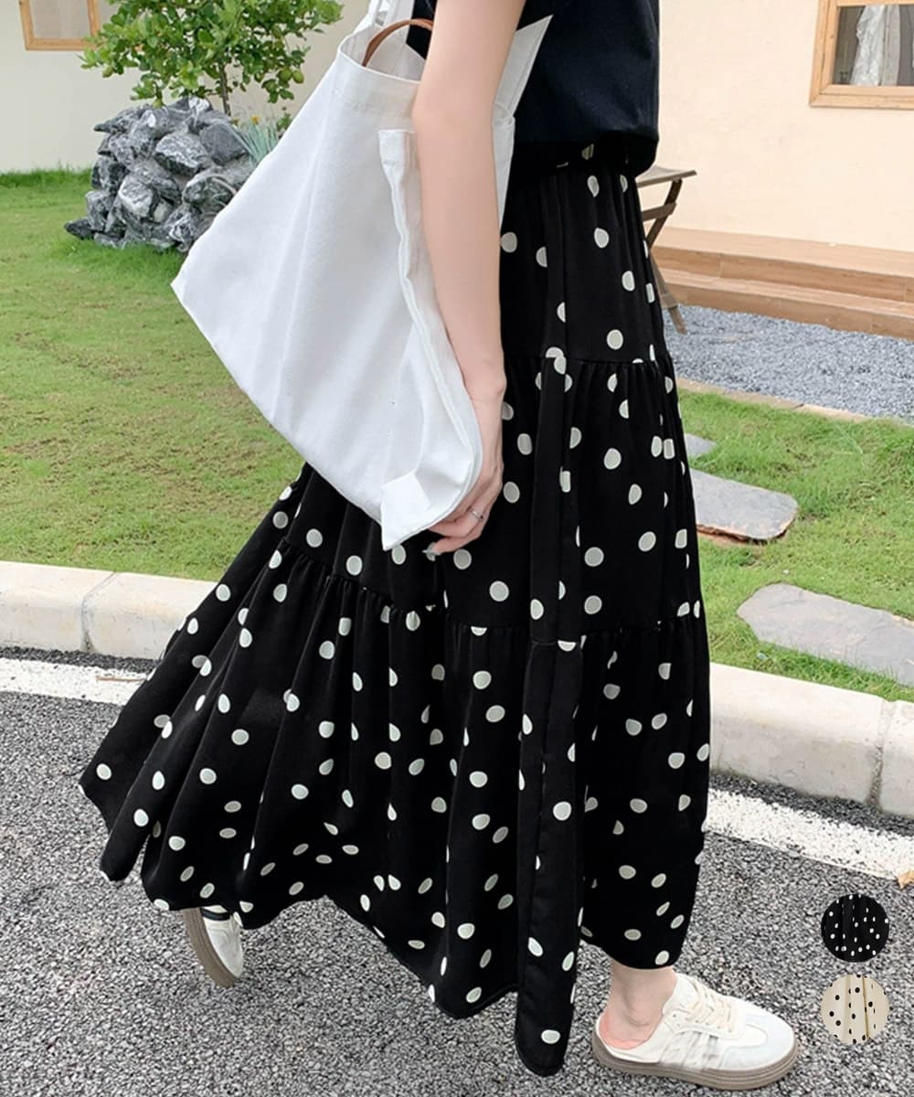 女装 水玉ドット柄ティアードフレアスカート