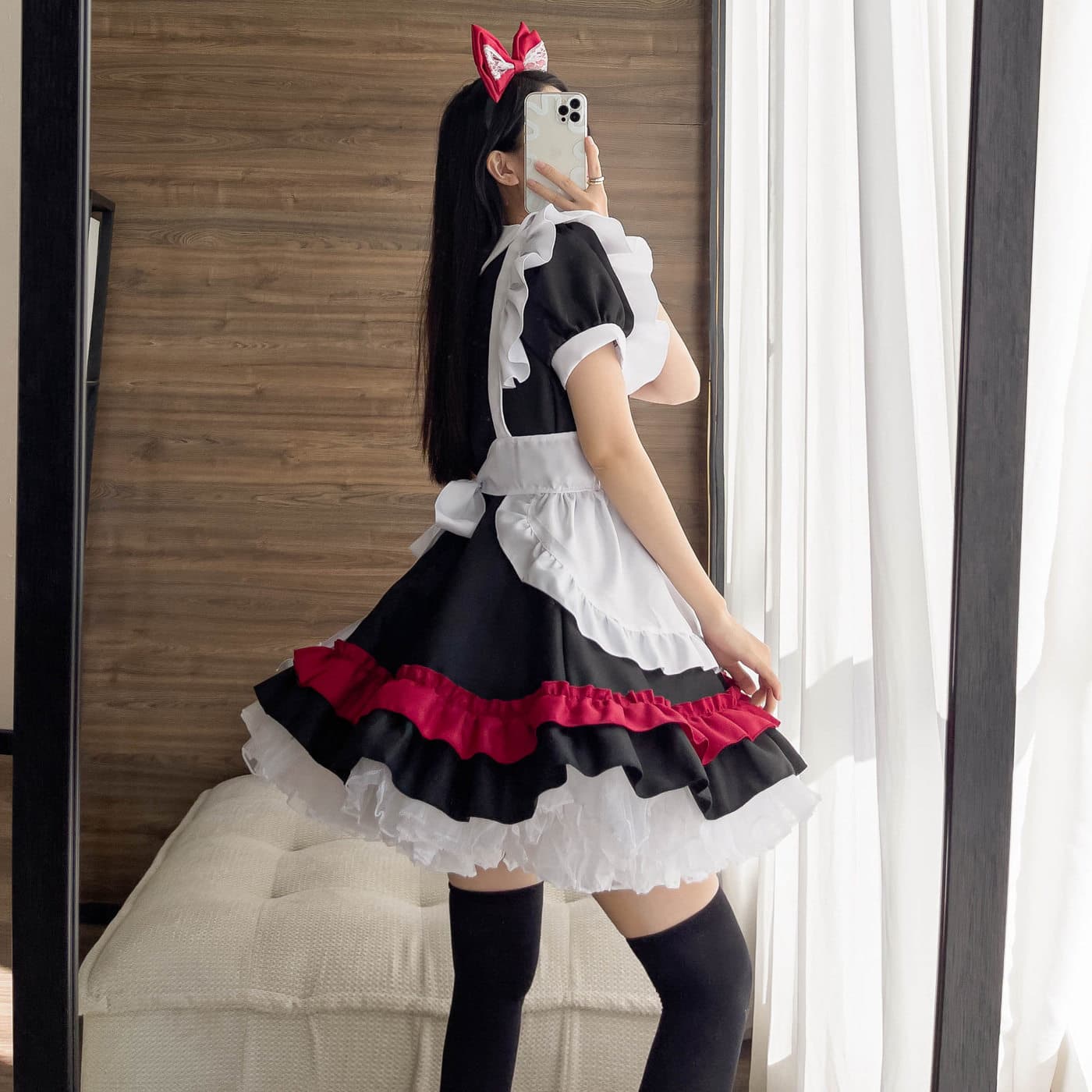 女装 豪華多段フリル付き女装メイド衣装セット