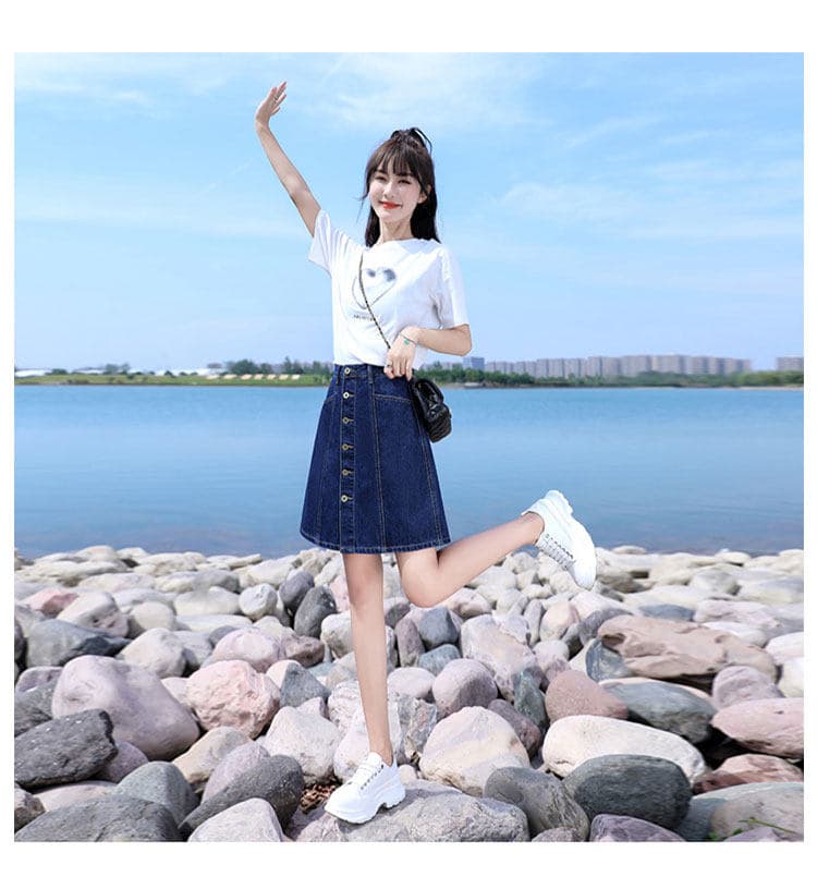 女装 フロントボタンデニム台形ミニスカート