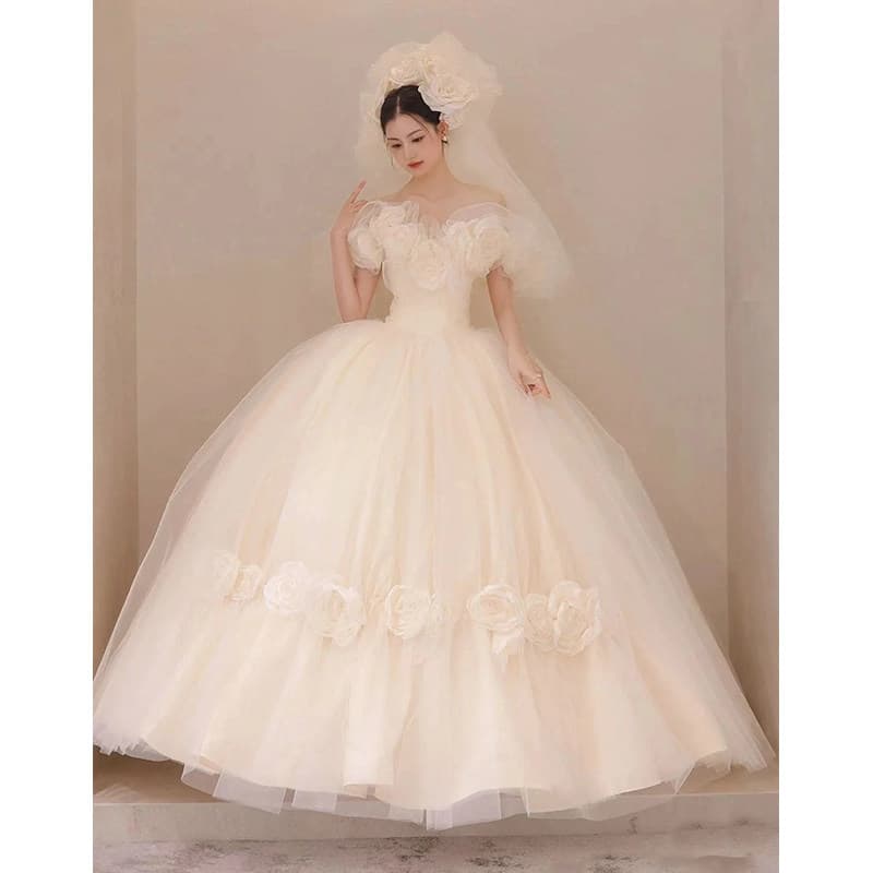 女装 立体花飾りオフショルダープリンセスドレス