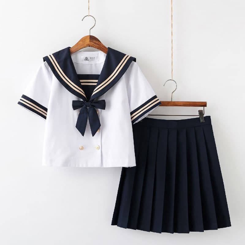 女装 清楚系三本ライン襟リボン付きセーラー服上下セット