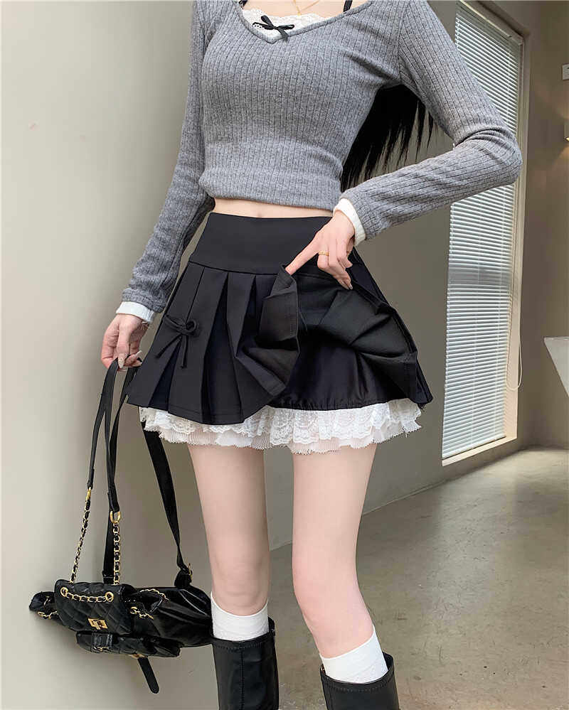 女装 リボン付きプリーツミニスカート裾レース重ね