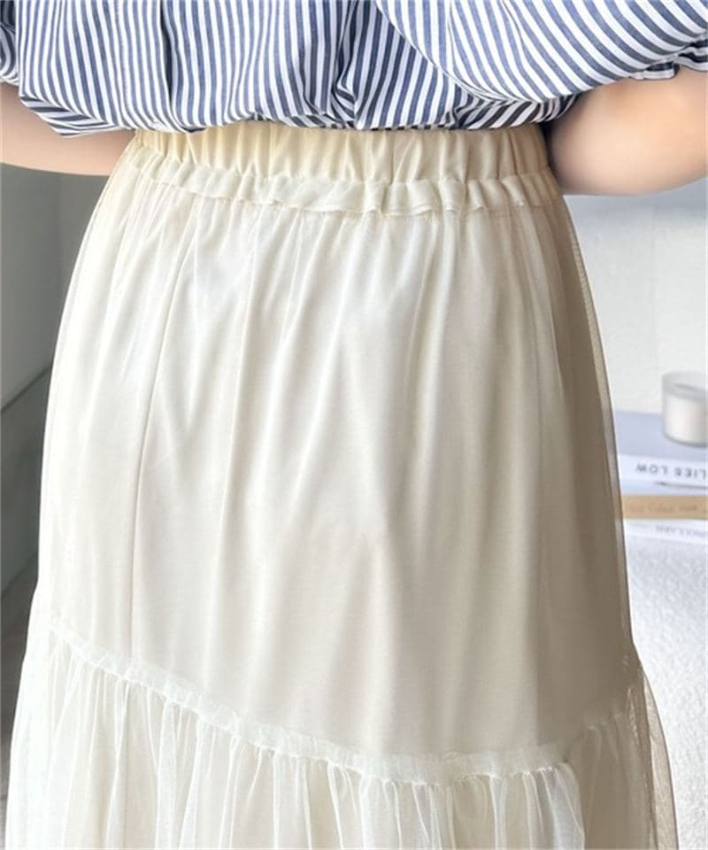 女装 三段切替チュールティアードロングスカート