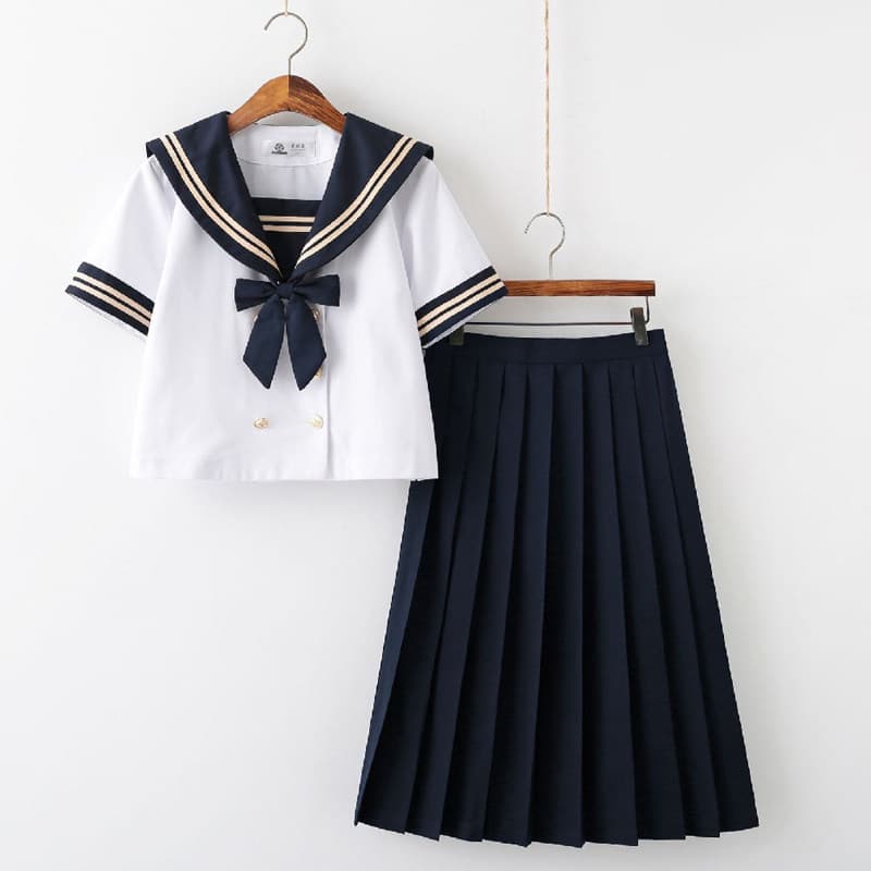 女装 清楚系三本ライン襟リボン付きセーラー服上下セット