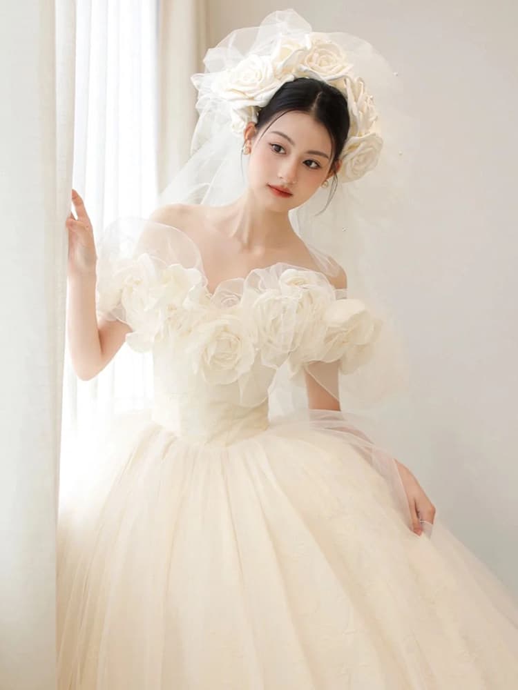 女装 立体花飾りオフショルダープリンセスドレス