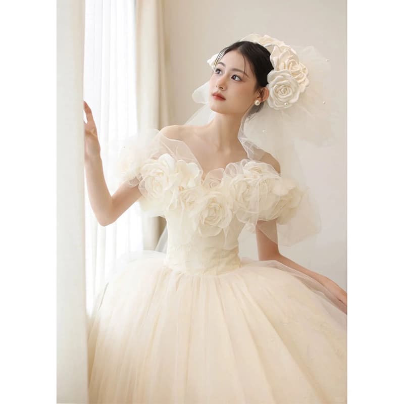 女装 立体花飾りオフショルダープリンセスドレス