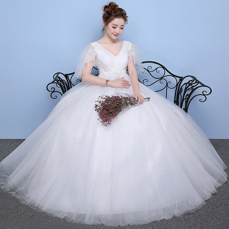 女装 花飾り付きチュール袖Vネックプリンセスドレス