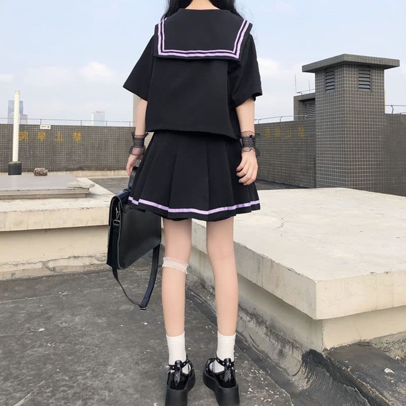女装 襟ライン付き大きなリボン半袖セーラー服上下セット