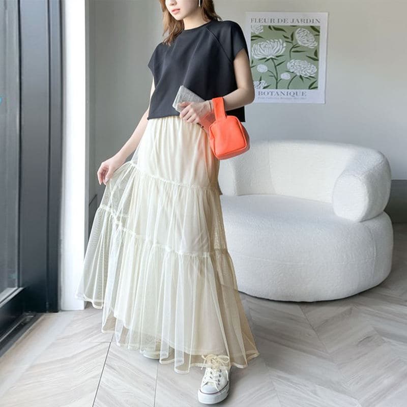 女装 三段切替チュールティアードロングスカート