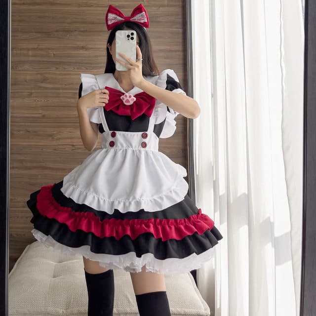 女装 豪華多段フリル付き女装メイド衣装セット